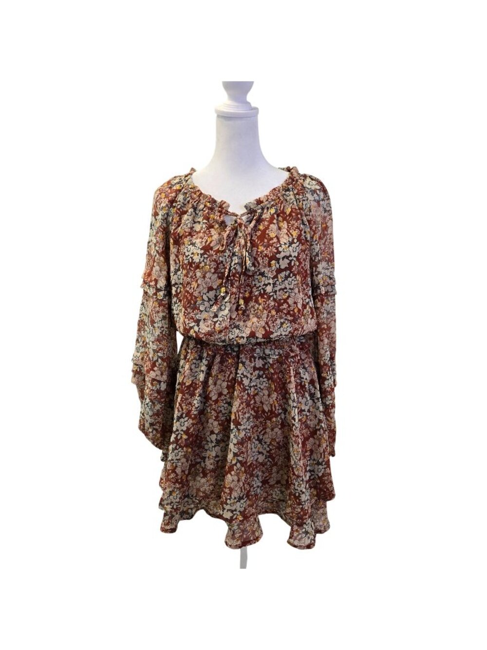 Fate Floral Metallic Ruffle Sleeve Boho Mini Dress Size XS